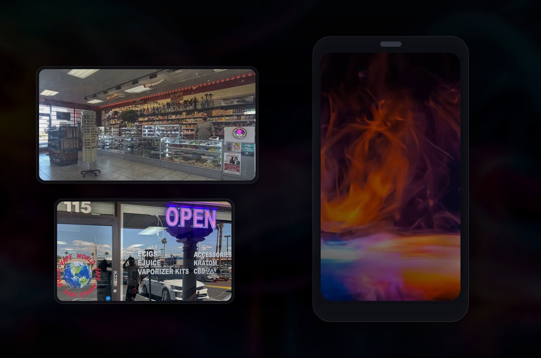 Photorealistic vape delivery alternatives image with store locations and mobile browsing concept