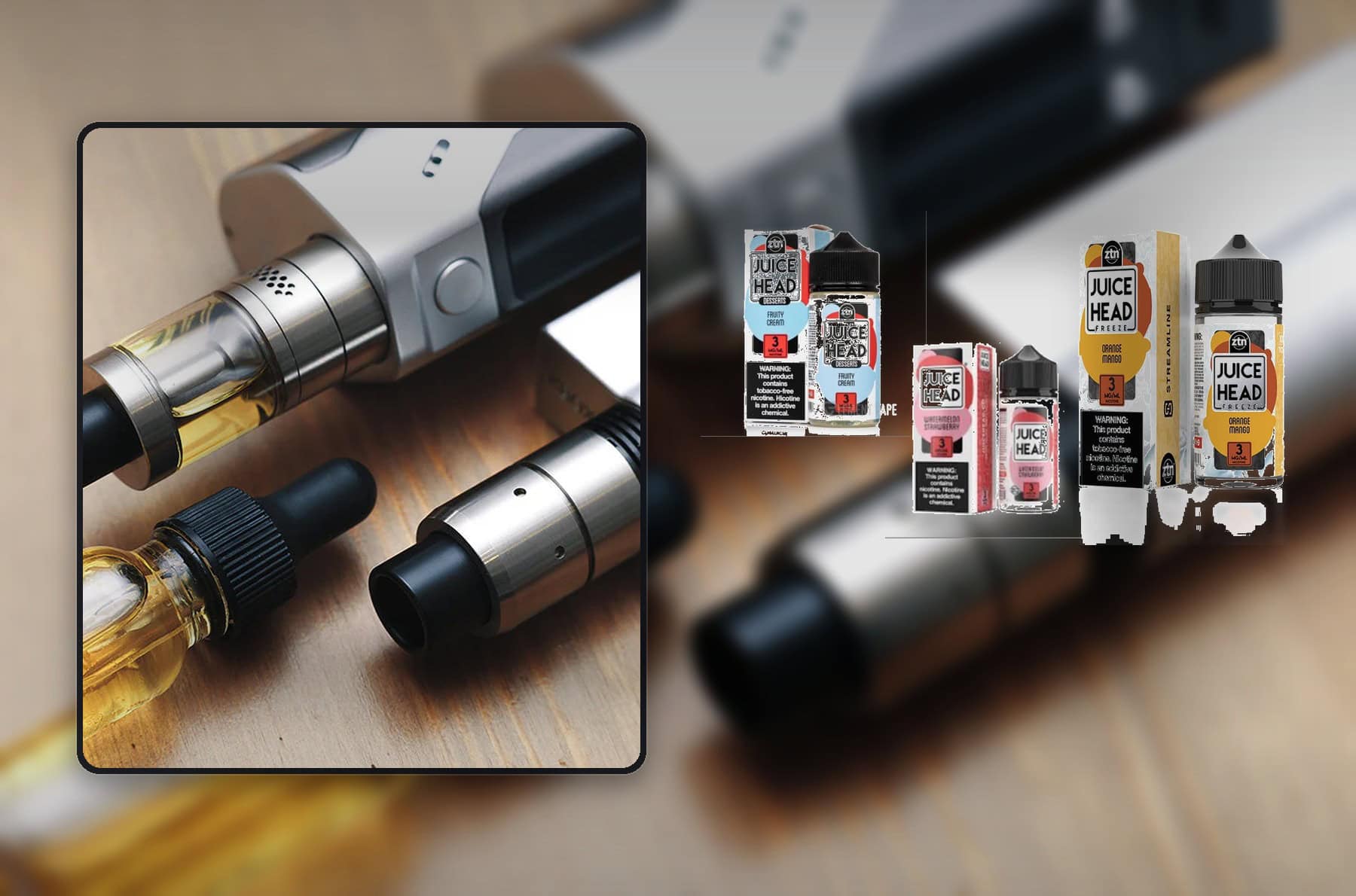 Photorealistic e-liquid buyer guide image with multiple vape juice bottles