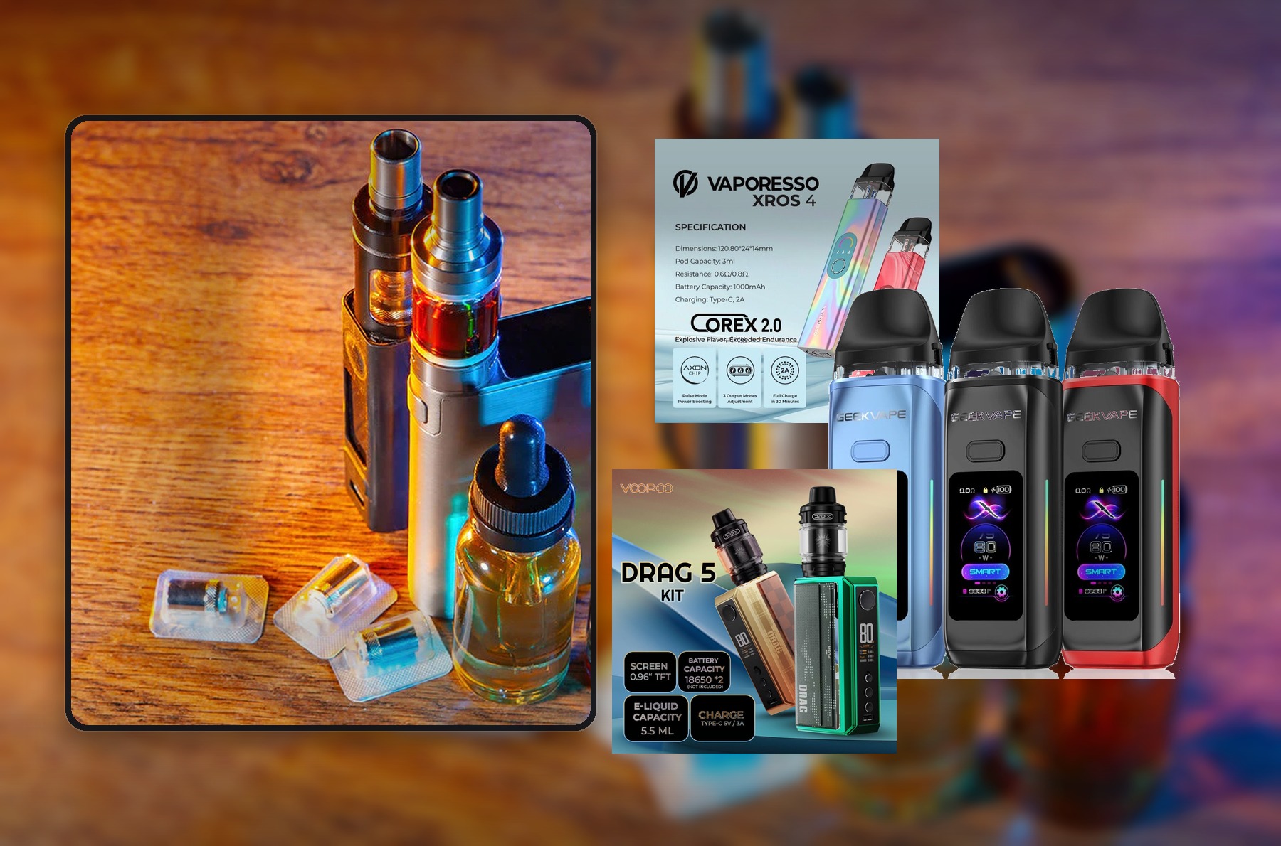 Photorealistic vape kit buying guide image with multiple device options