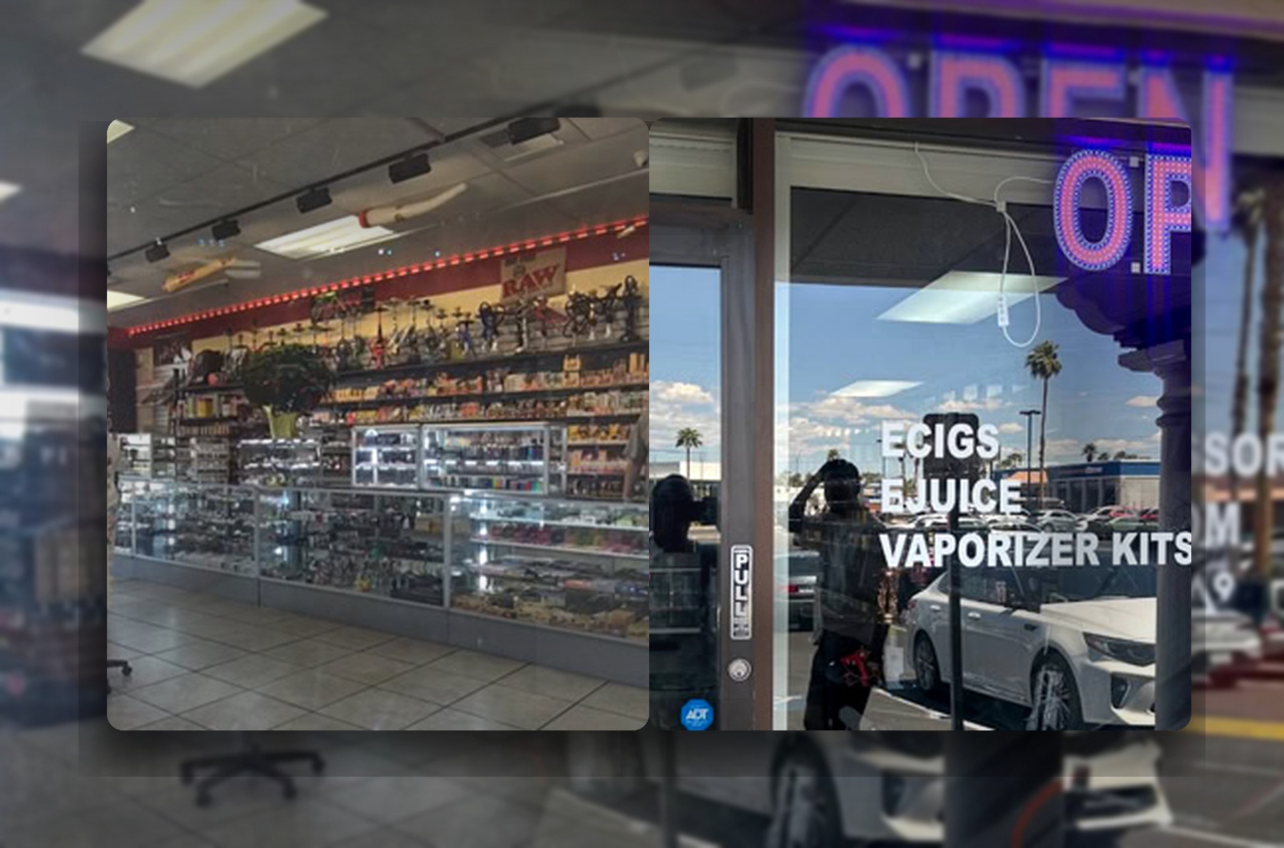 Photorealistic Vape World location collage showing the Farm and Durango and Sahara and Rainbow Las Vegas stores